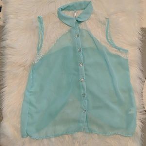 Mint sheer lace open back tank